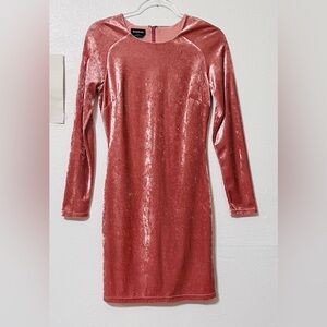 Bebe Pink Bodycon Dress Long Sleeve Crew Neck With Ribbon Overlay Zipper